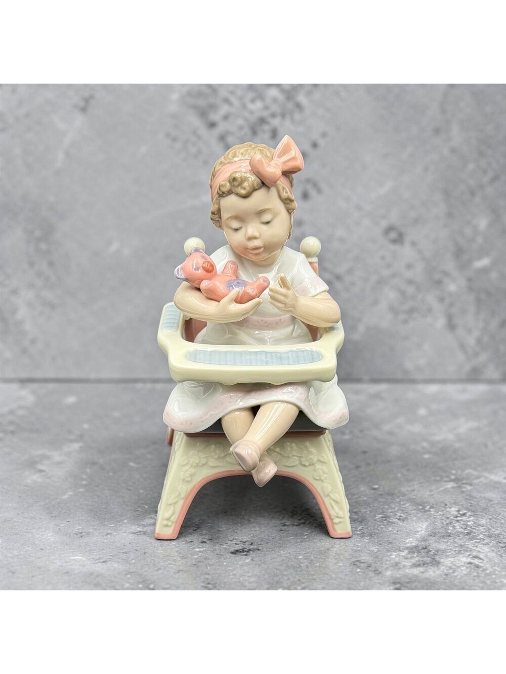 Vtg Lladro 6299 Little Bear Girl Teddy Bear High Chair Porcelain Figurine Spain